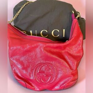 Authentic Gucci Patent Pink Fuchsia Soho Fringe Tassel Chain Tote Bag GORGEOUS!